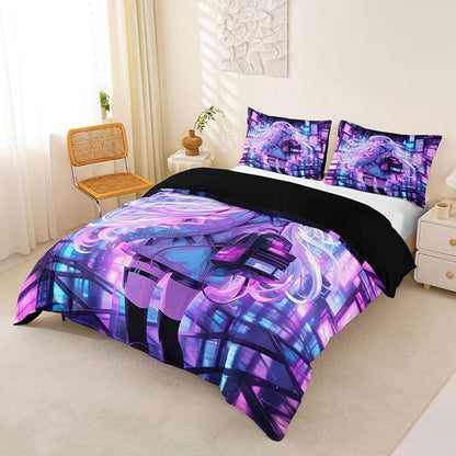 Erosebridal Japanese Girl Bedding Set Girly Anime Down Comforter for Kids,Sci Fi Style Gaming Queen Comforter Set Room Decor 3 Pcs,3D Cartoon Anime Girl Duvet Insert 2 Pillow Cases