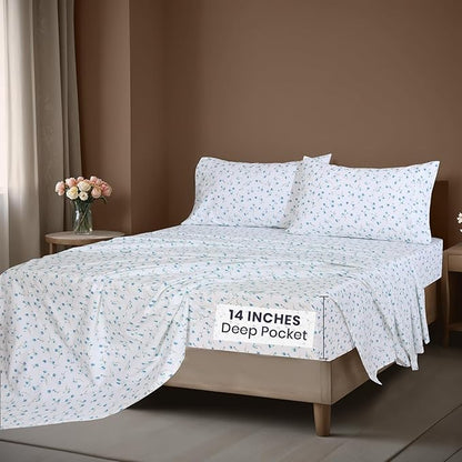 ZOYER 100% Cotton Sheets – California King Percale Bedding, Cooling & Breathable, Durable with a Crisp, Soft & Comfortable Feel, 14" Deep Pocket, 4-Piece Set, La Laa Flower