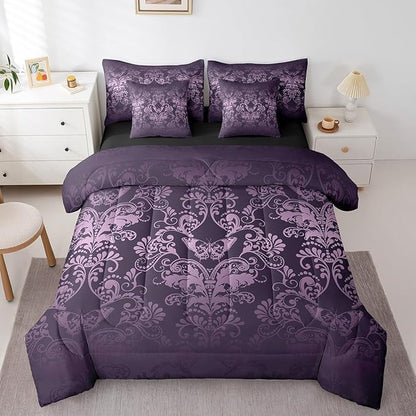 Erosebridal Gothic Damask 7 Piece Comforter Set Full Bed in a Bag,Butterfly Skull Bedding Sets Purple Victorian Floral Goth Sheet Set with Comforter