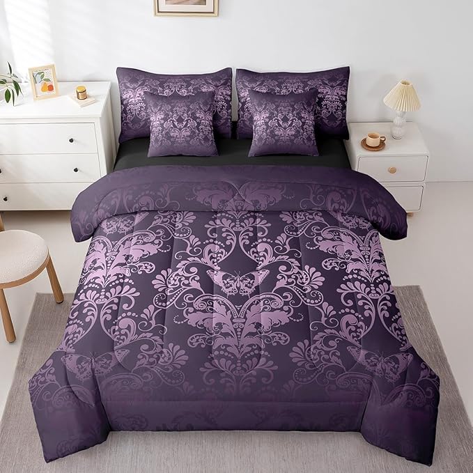 Erosebridal Gothic Damask Bed in a Bag King Size Comforter Set 7 Pieces,Butterfly Skull Bedding Sets Purple Victorian Floral Goth Sheet Set with Comforter