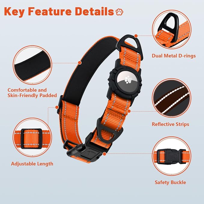 Taglory AirTag Dog Collar with Waterproof Holder for Small Dogs, Orange, S | Reflective for Night Walks & Low-Light Safety, Track Your Pup Peace of Mind, Adjustable Soft Padded, No More Dangling Tags
