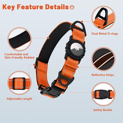 Taglory AirTag Dog Collar with Waterproof Holder for Puppy, Orange, XS | Reflective for Night Walks & Low-Light Safety, Track Your Pup Peace of Mind, Adjustable Soft Padded, No More Dangling Tags