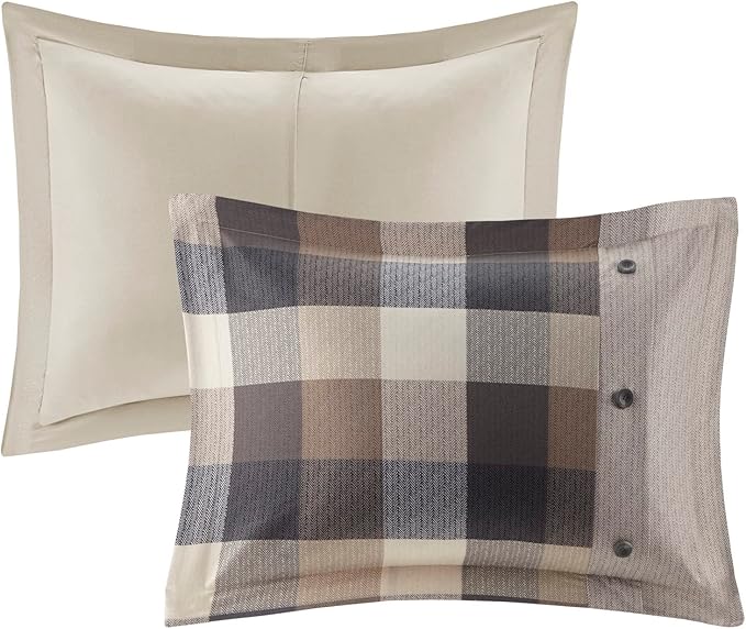 Madison Park Ridge Comforter Set-Cabin Lodge Plaid Herringbone Design All Season Down Alternative Cozy Bedding with Matching Bedskirt, Shams, Decorative Pillow, King(104"x92"), Neutral 7 Piece