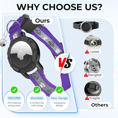Breakaway AirTag Cat Collar, Reflective Cat Tracker Collar with Bell | Built in AirTag Holder, Adjustable 8.5-12in for Cats, Kittens and Puppies, Safety Elastic Band, Reflective for Night Walking