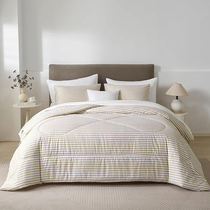 mixinni Tan Striped Comforter Set Queen Size - Beige Stripes Pattern Bed Set for All Season, 3 Pieces Lightweight Bedding Comforter Sets for All Seasons (1 Soft Fluffy Comforter + 2 Pillowcases)