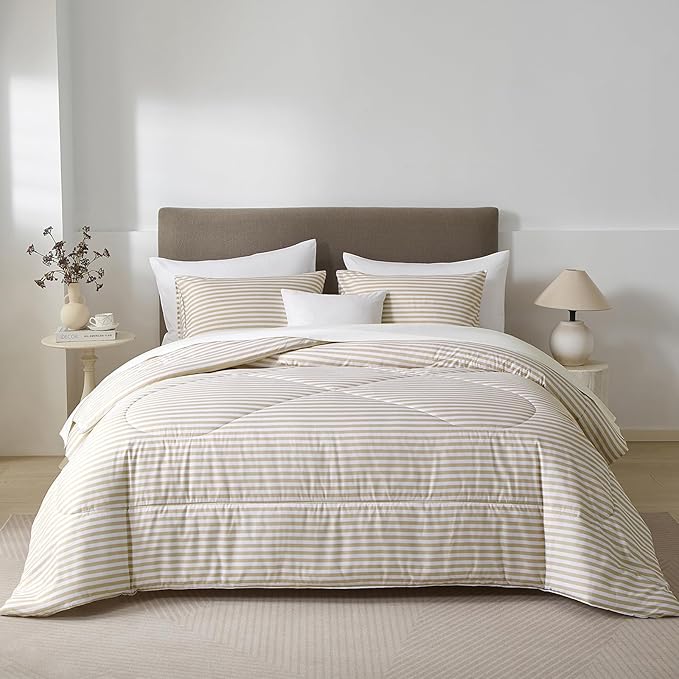 mixinni Tan Striped Comforter Set Full Size - Beige Stripes Pattern Bed Set for All Season, 3 Pieces Lightweight Bedding Comforter Sets for All Seasons (1 Soft Fluffy Comforter + 2 Pillowcases)