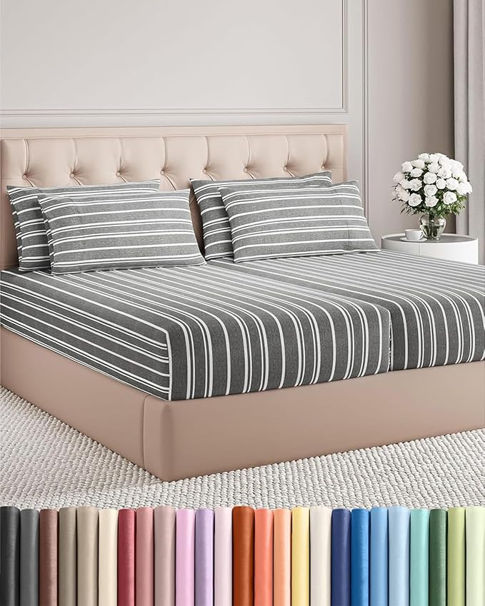 Split King 7 Piece Sheet Set - Comfy Breathable & Cooling - Soft Hotel Luxury Bedding Set w/ 8-16 Inch Deep Pockets - 1 Flat & 2 Fitted Sheet & 4 Pillowcases - Cozy and Wrinkle Free - Grey Stripes 3
