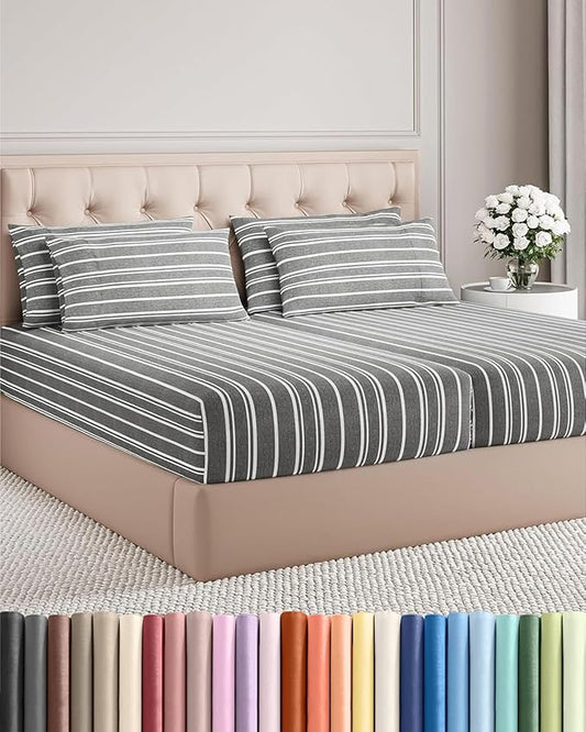 Split King 7 Piece Sheet Set - Comfy Breathable & Cooling - Soft Hotel Luxury Bedding Set w/ 8-16 Inch Deep Pockets - 1 Flat & 2 Fitted Sheet & 4 Pillowcases - Cozy and Wrinkle Free - Grey Stripes 3