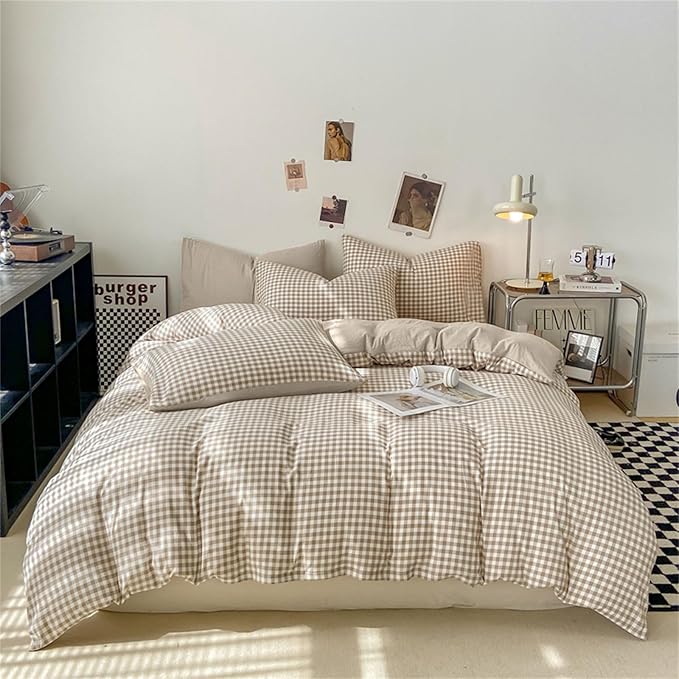 Nayoroom Gingham Duvet Cover Full Size Brown Tan Plaid Checkered Comforter Cover 3 Pieces Soft Lightweight Washed Microfiber Farmhouse Grid Dorm Bedding Set with Pillowcases