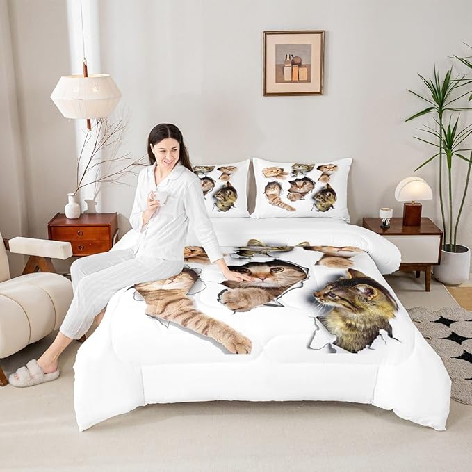 Erosebridal 3D Kitten Bedding Set Twin Size Kawaii Cats Comforter Set for Kids Men Women Paw Cute Pet Animal White Orange Comforter Warm Soft Quilt Insert