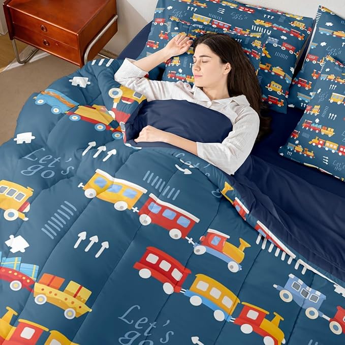 7 Pieces Cartoon Train Boys Twin Comforter Set Red Yellow Cute Trains Bedding Set Hand Drawn Style Graffiti Decor Hippie Bed in a Bag with Comforter,Flat&Fitted Sheet,2 Pillowcases,2 Pillow Covers
