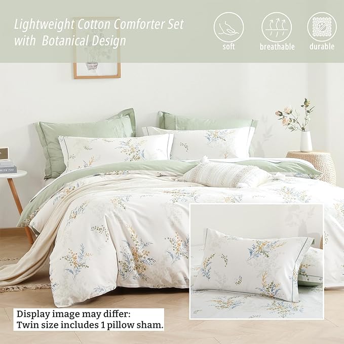 White Cotton Comforter Twin Size 2Pcs - Blue Branches & Orange and Green Buds on White, Chevron Sage Green Back, Reversible Lightweight Bedding Sets with Soft Fill(1 Comfoter, 1 Pillowcase)