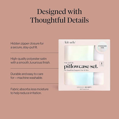 Kitsch Satin Pillowcase with Zipper for Hair & Skin - Softer Than Silk Pillow Cases, Smooth Cooling Satin Pillow Case, Wrinkle-Free, Machine Washable - Pillow Cases Standard Size (19x26) - Aura, 2pcs