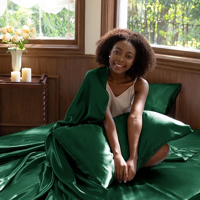 CozyLux Satin Sheets Full Size Sheets - 4 Piece Silky Full Size Bed Sheets, Luxury Dark Green Full Bed Set with Smooth and Soft Microfiber, Includes 1 Fitted Sheet, 1 Flat Sheet and 2 Pillowcases