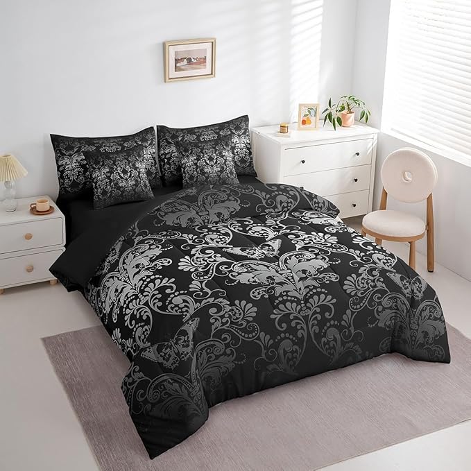 Erosebridal Gothic Damask Bed in a Bag Queen Comforter Set 7 Piece,Butterfly Skull Bedding Sets White Black Victorian Floral Goth Sheet Set with Comforter