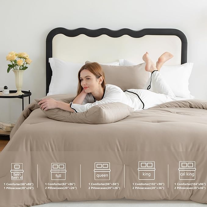 CozyLux Full Size Comforter Set Khaki, 3 Pieces Solid Breathable Quilted Bedding Sets, Luxury Lightweight Soft Bed Set with Down Alternative Comforter and 2 Pillowcases for All Seasons