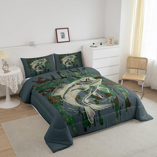 Feelyou Bass Fish Comforter Set Full Size Green Camouflage Bedding Set for Fishing Lover Gifts Boys Girls Camo Pike Fish Fishing Comforter Wild Fisherman Bed Set Rustic Cabin Bedroom Decor