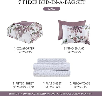 Madison Park King Comforter Set with Sheets, Floral Print, Microfiber Comforter, Shabby Chic Bed in a Bag Set Diamond Printed Sheet, Alice, King Mauve 7 Piece
