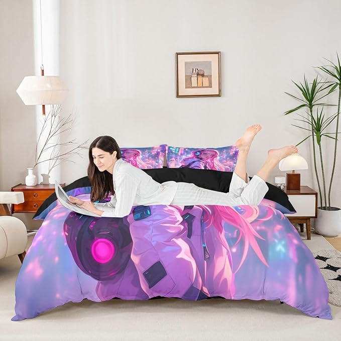 Erosebridal Anime Girl Queen Comforter Set Japanese Style 3D Anime Down Comforter for Kids Girls Boys Room Decor,Sci Fi Style Gaming Bedding Set Hot Pink Colorful Bed Duvet Insert