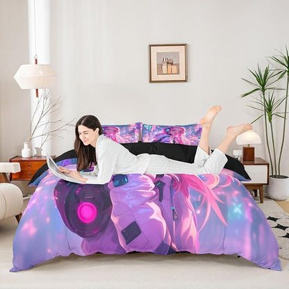 Erosebridal Anime Girl Twin Comforter Set Japanese Style 3D Anime Down Comforter for Kids Girls Boys Room Decor,Sci Fi Style Gaming Bedding Set Hot Pink Colorful Bed Duvet Insert