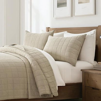 EVERGRACEHOME 100% Cotton Box Stitch Quilt Bedding Set King Size 3 Pieces, Garment-Washed Lightweight Soft Cozy Coverlet, Oversized Quilted Bedspread Sets with 2 Shams for All Season, Pebble Khaki