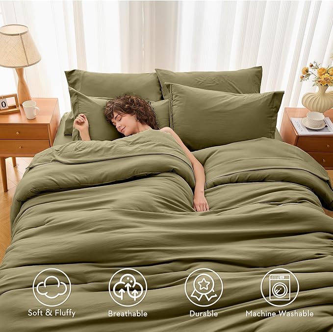 MUXHOMO 7 Pieces California King Comforter Set, Soft Bed in a Bag Cal King Size, All Season Bedding Set with Comforter, Flat Sheet, Fitted Sheet, Pillowcases & Shams, Olive Green