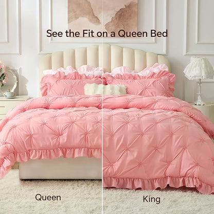BEDELITE Pink Twin Comforter Set - 2 Peices Boho Ruffle Pintuck Bedding Comforter Sets, Lightweight Soft & Warm Twin Bedding Sets with 1 Pillowcase for All Season