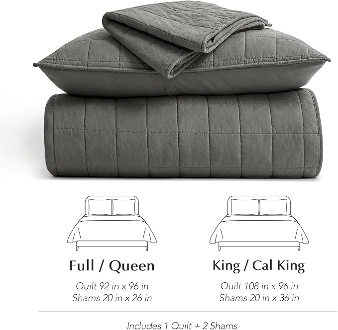 EVERGRACEHOME 100% Cotton Box Stitch Quilt Bedding Set King Size 3 Pieces, Garment-Washed Lightweight Soft Cozy Coverlet, Oversized Quilted Bedspread Sets with 2 Shams for All Season, Dark Gull Gray