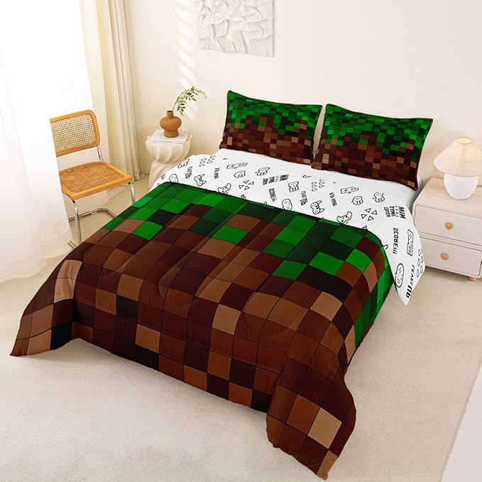 Pixelated Comforter Set Full Size,Patchwork Grid Video Games Kids Bedding Set,Miners Lattice Simple Quilt Comforter,Dark Green Brown Duvet Insert,2 Pillowcases