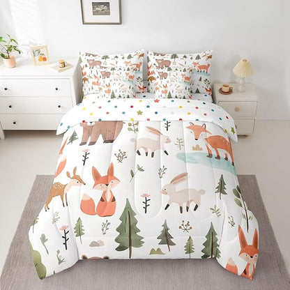 Feelyou Cartoon Animals Comforter Set 7 Pieces Queen Size Cute Zoo Bear Fox Rabbit Bedding Set for Boys Girls Nature Bed in a Bag with Comforter, Sheets, Pillowcases & Cushion Covers