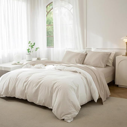 JIYUAN Queen Size Sheet Set, 4-Piece - 100% Washed Cotton, Linen-Like Soft & Breathable, Includes Deep Pocket Fitted & Flat Sheet with 2 Pillowcases, Hotel Quality, Heathered Tannish Linen Grey