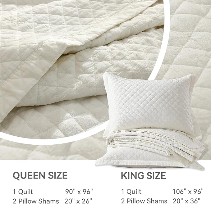 Grassix Linen Quilt Set Queen Size 3-Piece, 100% Linen Front & Cotton Back, Prewashed Diamond Stitch Bedspread with 2 Shams, Lightweight Breathable Quilt for Hot Sleepers, Modern Farmhouse Bedding