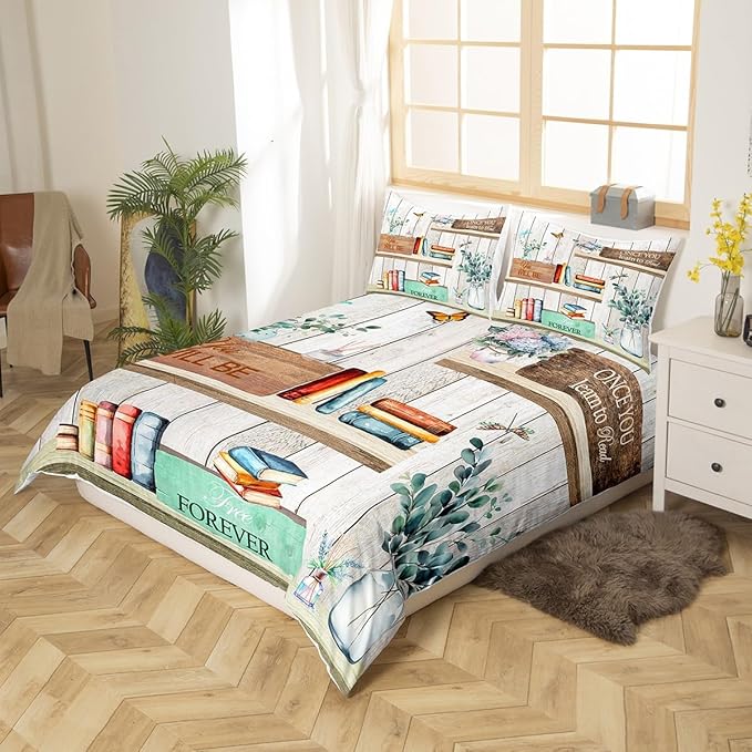Watercolor Books Bedding Set Reading Time Girls Women Duvet Cover Set Rustic Farmhouse Style Comforter Cover Floral Leaves Bedspread Cover Bedroom Quilt Cover Twin with 1 Pillowcase,No Comforter