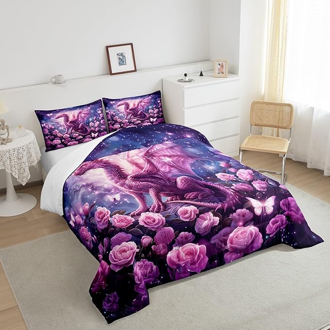 Pink Dragon Comforter Set Queen Size,Rose Flower Galaxy Butterfly Bedding Set for Kids Boys Girls Room Decor,Glitter Starry Sky Fantasy Duvet Insert 3Pcs,Wild Animal Nature Quilt Set,2 Pillowcases
