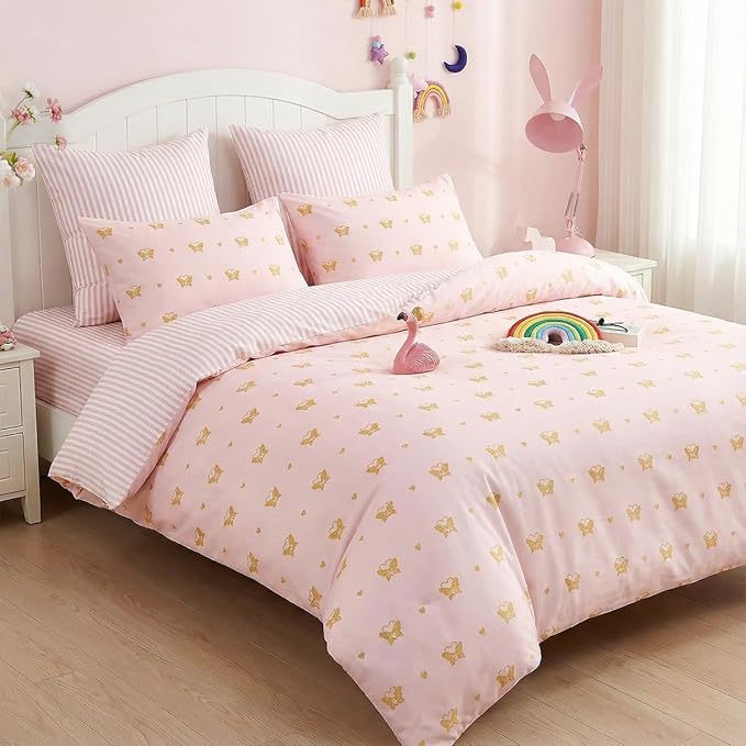 Pink Comforter Set Queen Gold Heart Butterfly Bedding Set for Girls Kids, Reversible Pink White Wide Striped Pattern, Coquette Comforter 3 Pieces, with 2 Pillowcases, Soft 100% Microfiber