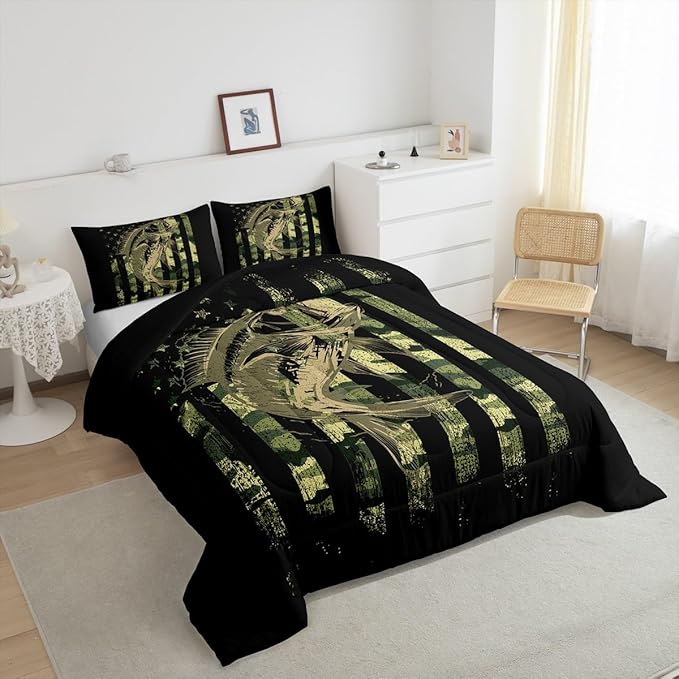 Feelyou Bass Fish Comforter Set Queen Size Fisherman Camouflage Bedding Set Pike Fish Camo American Flag Comforter for Women Men Fsihing Lover Room Farmhouse Fishing Bed Set Wild Quilted Set 3Pcs