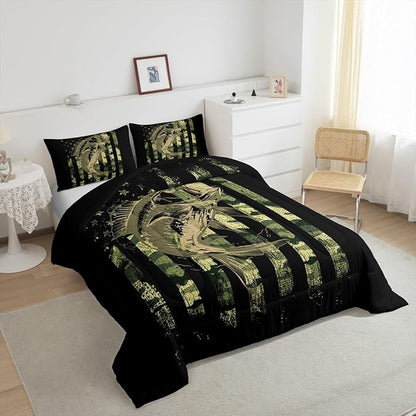 Feelyou Bass Fish Comforter Set Twin Size Fisherman Camouflage Bedding Set Pike Fish Camo American Flag Comforter for Women Men Fsihing Lover Room Farmhouse Fishing Bed Set Wild Quilted Set 2Pcs