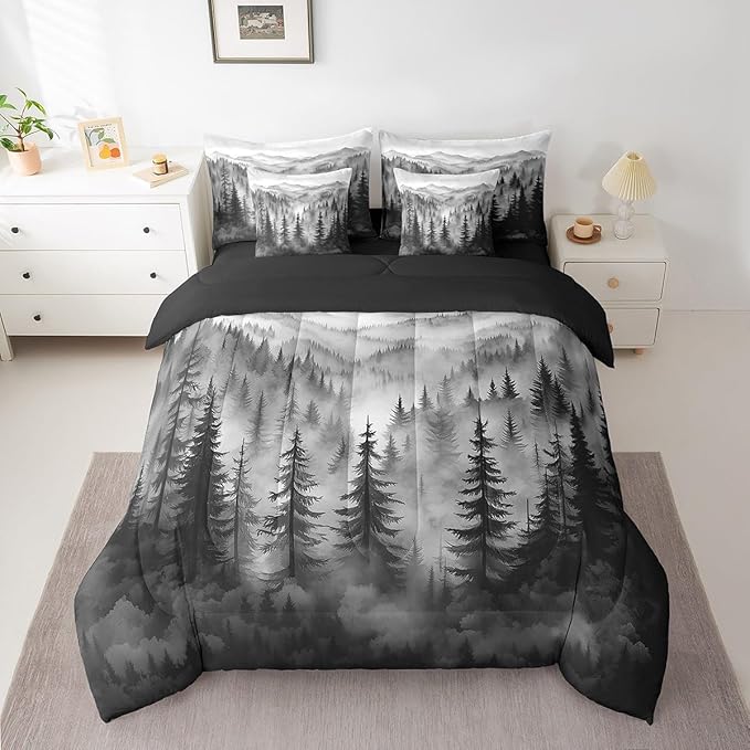 Erosebridal Grey Forest Full Comforter Set 7 Piece Rustic Woodland Pine Tree Bedding Set for Kids Boys Adults Men,Jungle Smoky Mountain Bed in A Bag Retro Natural Landscape Sheet Set with Comforter