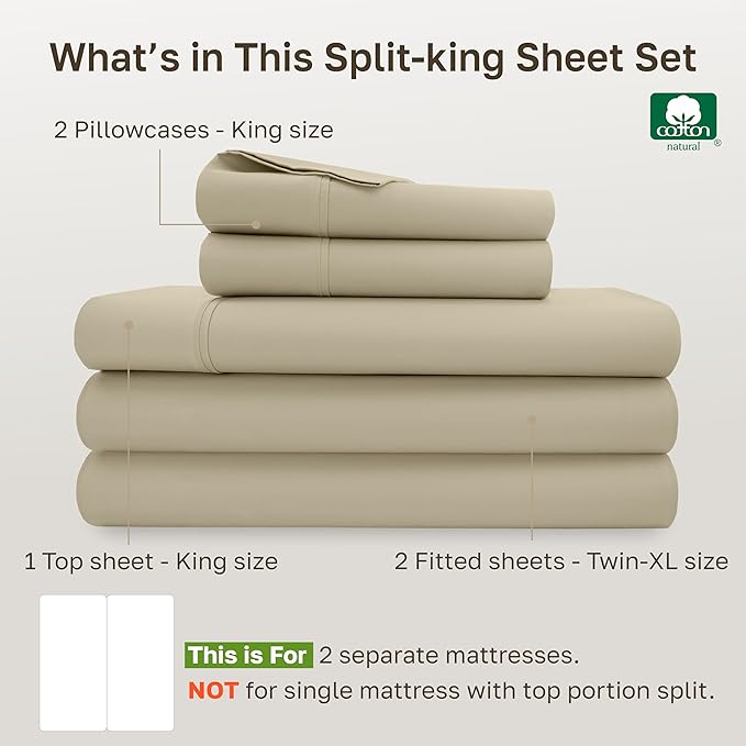 California Design Den Split King Sheets Sets for Adjustable Bed - Soft 400 Thread Count Sateen Natural 100% Cotton Sheets, Deep Pockets, Breathable, & Durable Bedding Set - Beige (Golden Tone)