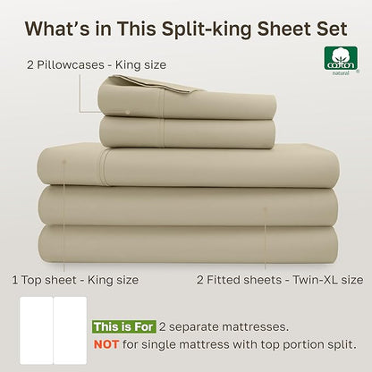 California Design Den Split King Sheets Sets for Adjustable Bed - Soft 400 Thread Count Sateen Natural 100% Cotton Sheets, Deep Pockets, Breathable, & Durable Bedding Set - Beige (Golden Tone)