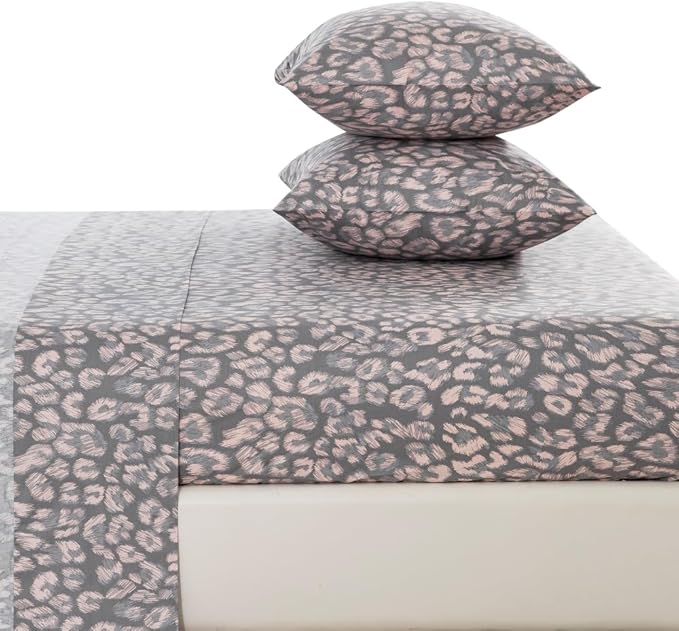 DAUAOTO Twin Size Printed Sheets Set, 100% Cotton Bedding Sets, Up to 14" Deep Mattress, Modern Pattern Bedlinen Set, Leopard Gray
