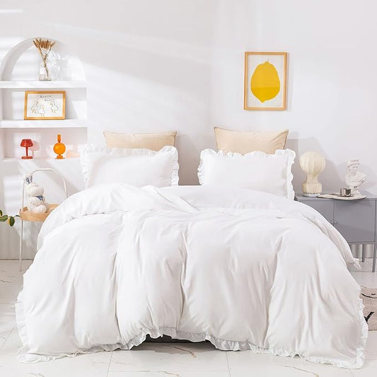 Cottonight Ruffle White Comforter Set California King Farmhouse Shabby Bedding Comforter Set Ruffled Friange White Blanket Quilts Soft Breathable Bedding Set for Cal King Bed