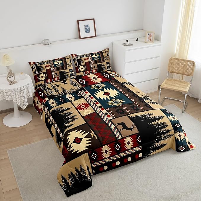 Feelyou Boho Comforter Set Full Size Rustic Comforter for Boys Girls Teens Cabin Bedding Set Vinatge Duvet Set Room Decor Brown Quilt Set