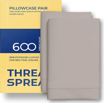 Thread Spread 100% Egyptian Cotton King Size Pillow Cases Set of 2 - Luxury 600 Series Bliss Collection Pillow Cases King Size (Taupe), Soft Cooling Hotel Cotton Pillowcases, Sateen Finish