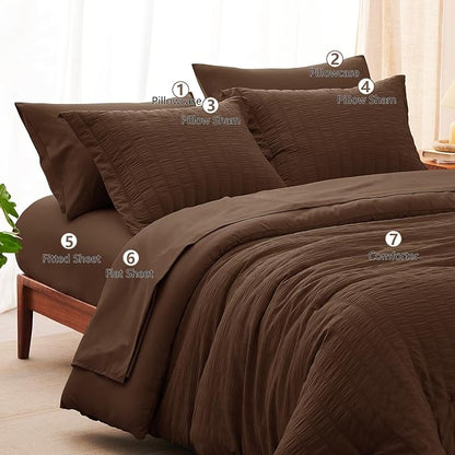 CozyLux Queen Comforter Set Brown Seersucker 7 Pieces Bed in a Bag Queen Comforter Set with Sheets, Luxury Soft Bedding Sets with Down Alternative Comforter, Sheets, Pillowcases & Shams for All Season
