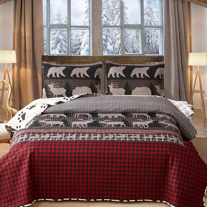 Ycosy King Size Quilt Set Bedding Rustic Lodge Bedspread Set Queen Red Black Buffalo Plaid Quilt Reversible Bedspread Coverlet Lightweight Quilt Bedding Moose Bear Country Cabin Coverlet