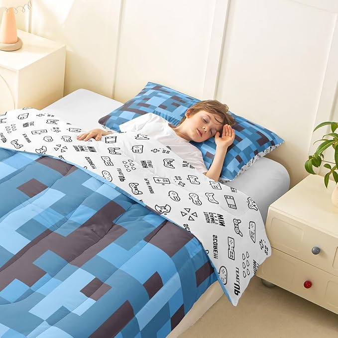 Pixel Grid Miners Kids Comforter Set Twin Size,Reversible Gamepad Video Games Bedding Set Boys Room Decor,Army Camo Geometric Quilt Comforter,Black Light Blue Duvet Set Bedroom Quilt Set,1 Pillowcase