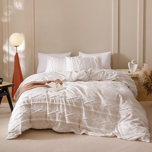 Houseri Tufted Comforter Set Twin Beige Jacquard Bedding Sets