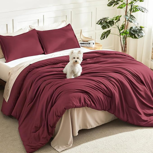 Litanika Burgundy Red Comforter Set King Size, 3 Pieces Lightweight Solid Bedding Comforter Set, All Season Fluffy Bed Set (104x90In Comforter & 2 Pillowcases)