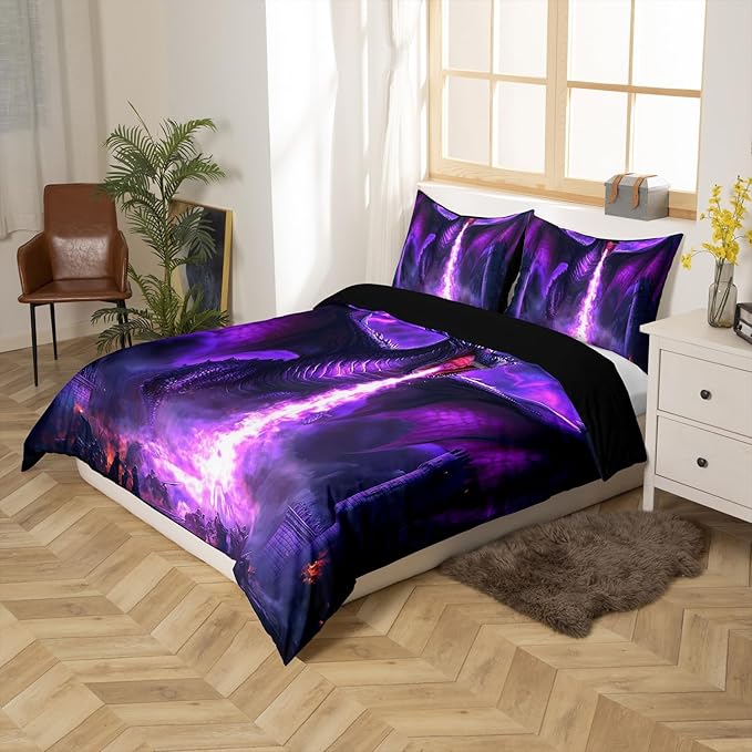 Feelyou Cool Dragon Bedding Set Full Size Kids Lightning Comforter Cover Set 3D Dragon War Mythology Themed Ancient Wildlife Fire Duvet Cover Nebula Bedspread Cover Room Decor Quilt Cover,No Comforter